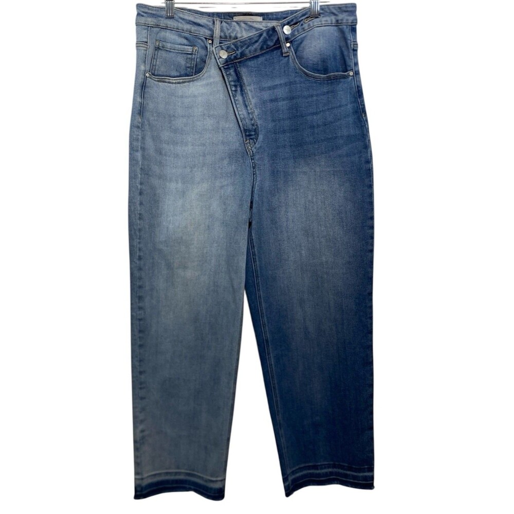 Risen Jeans Womens 1XL Asymmetric Closure High Rise Cropped Two Tone Raw Hem